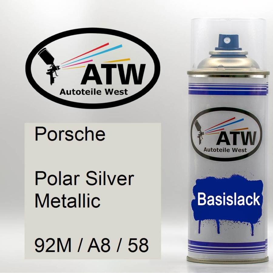 Porsche, Polar Silver Metallic, 92M / A8 / 58: 400ml Sprühdose, von ATW Autoteile West.